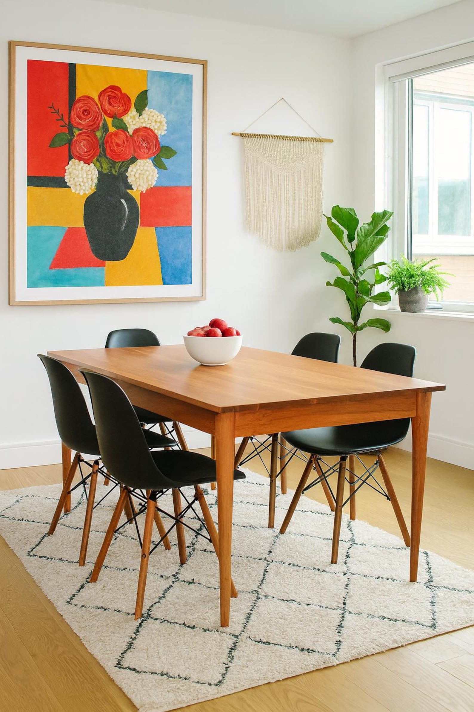 Cherry dining table in a bright, collected interior
